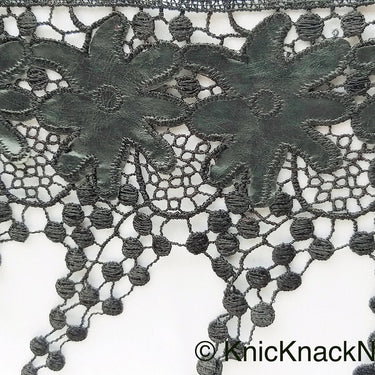 Black Faux Leather Flower And Cotton Embroidered Trim Lace, Black Floral Embroidery, Fringe Trim
